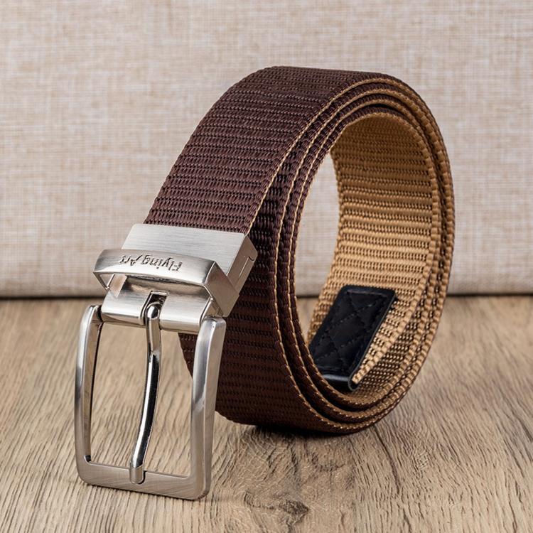 Men's casual nylon belt with brown woven strap and silver rotating pin buckle