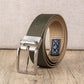 Olive green belt with silver rotating buckle and diamond-stitch keeper patch