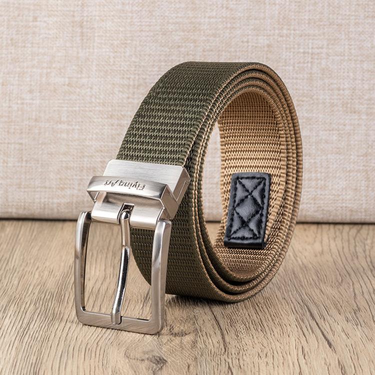 Olive green nylon belt detail: silver rotating pin buckle with stitched loop