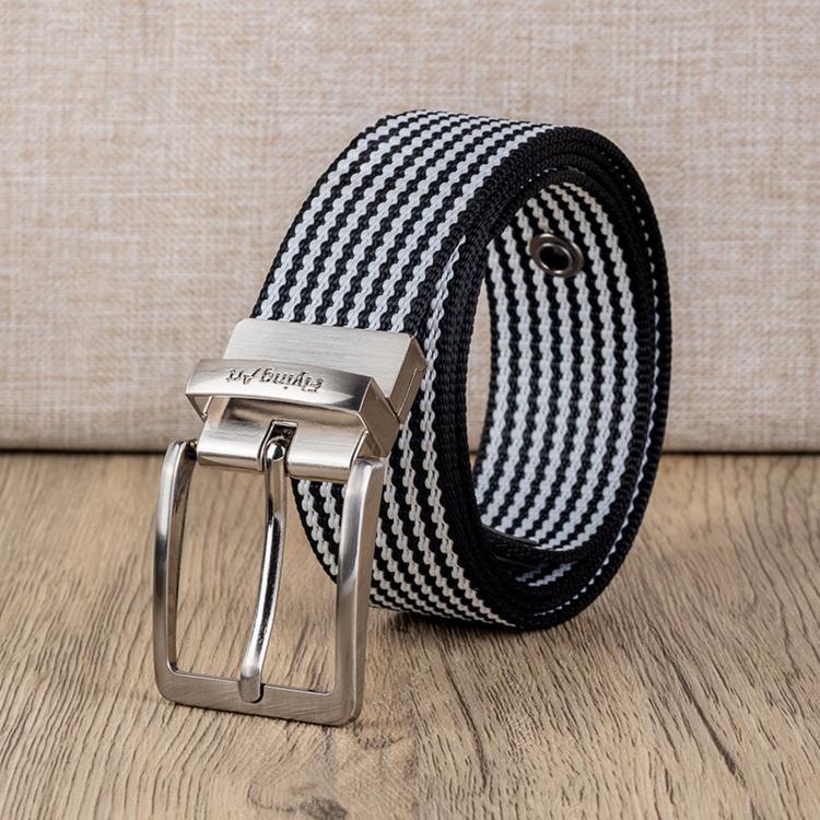 Men's striped nylon belt with silver square buckle and rotating pin hardware, angled view