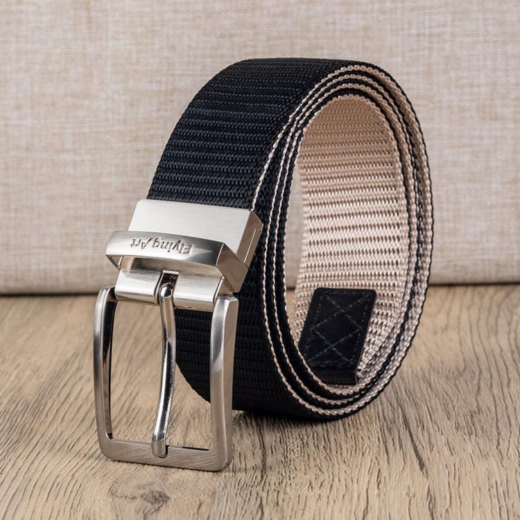 Men's two-tone nylon belt with silver square buckle, side view of striped webbing