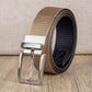Men's two-tone nylon belt with silver square buckle, tan webbing with black accent panel