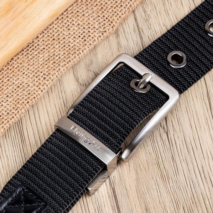 Men's nylon belt close-up with silver buckle and metal pin on black striped webbing
