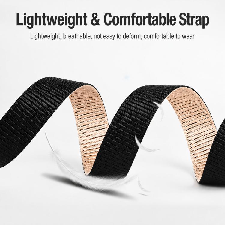 Two-tone nylon belt strap with rotating pin-style buckle, black and tan