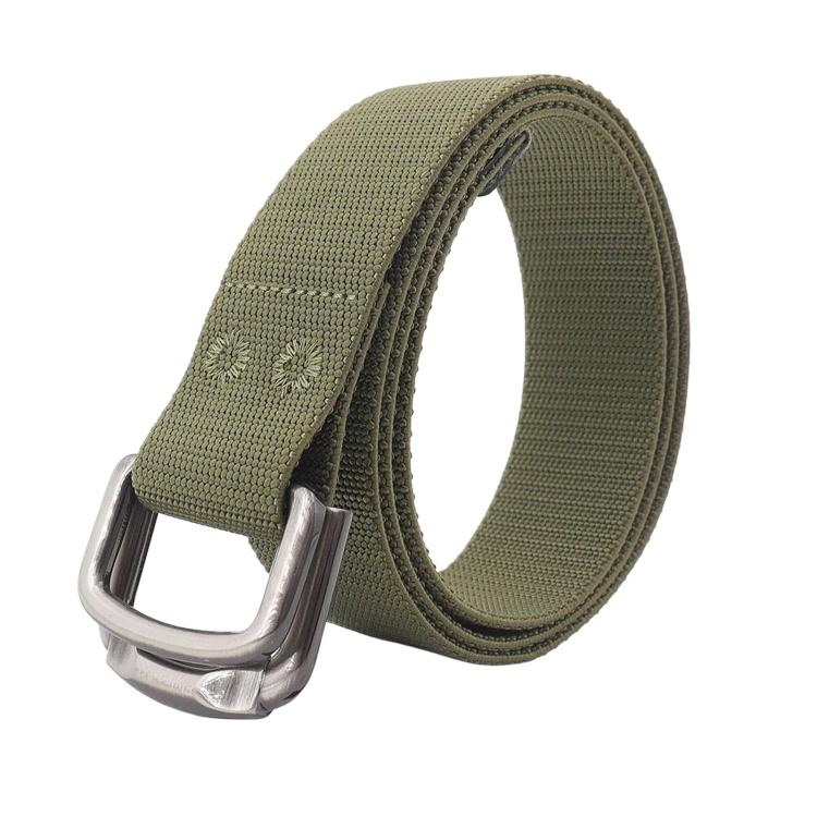 Army green elastic web belt with rectangular metal buckle, woven texture