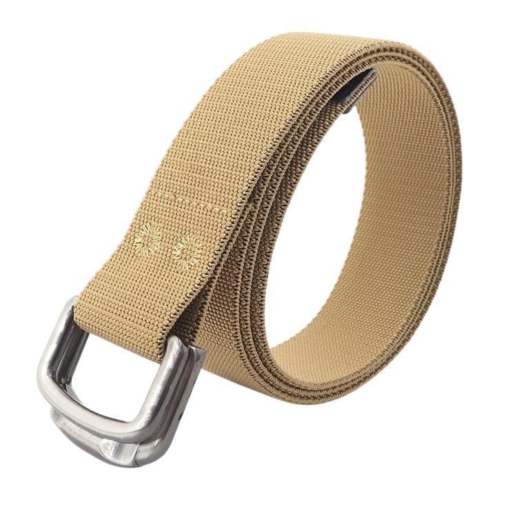 Unisex elastic nylon web belt in khaki with alloy buckle and stitched keeper loop