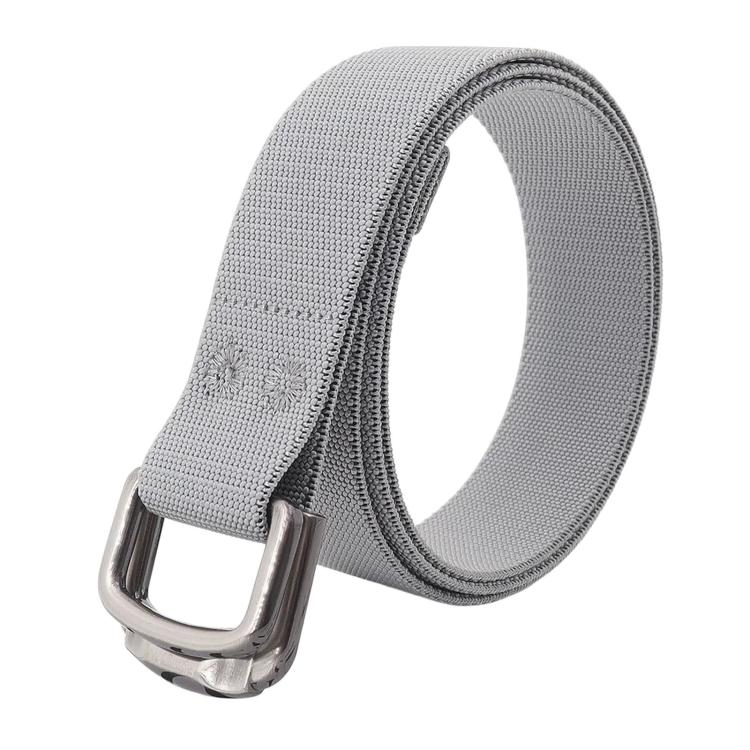 Unisex elastic nylon web belt in light gray with alloy buckle and double-stitched edge