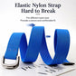 Blue elastic nylon web belt with silver alloy double buckle, stretchable loop