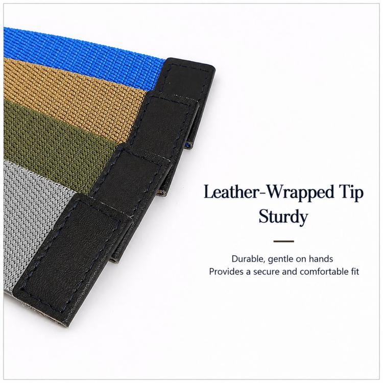 Elastic nylon web belt with black leather-wrapped end and stacked silver double buckles