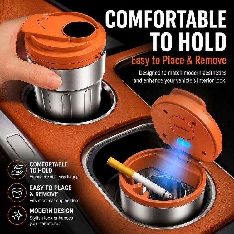Car Ashtray With Lid & LED Light Metal Fireproof Cigarette Disposal Can For Vehicle
