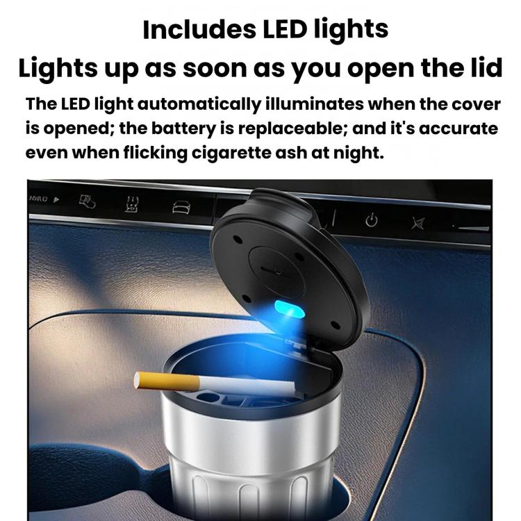 Car Ashtray With Lid & LED Light Metal Fireproof Cigarette Disposal Can For Vehicle