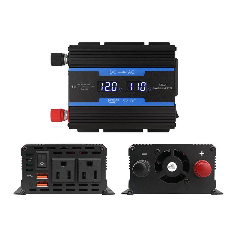 Black sine wave car inverter with built-in LED display and DC to AC ports