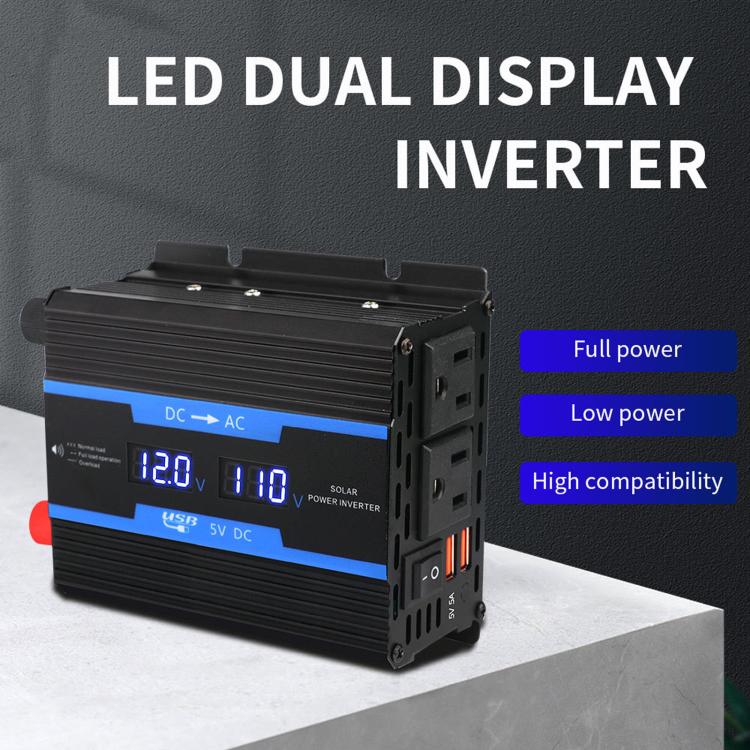 Black car inverter with LED dual display, cooling vents, and power switch