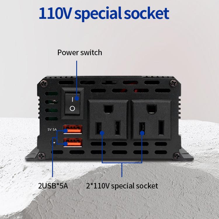 Car inverter rear panel with power switch, USB ports, and 110V outlet sockets
