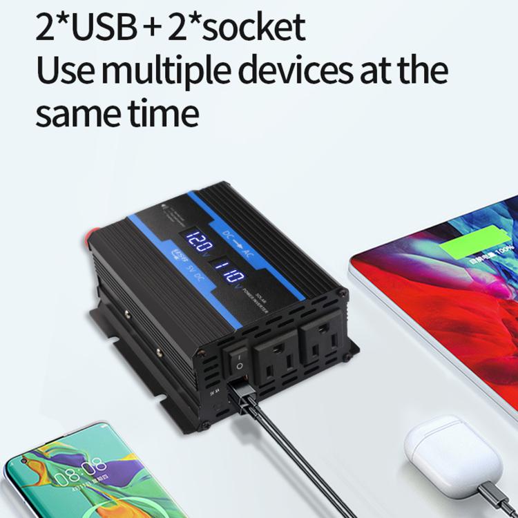 Compact car inverter with dual USB and outlet sockets for powering devices