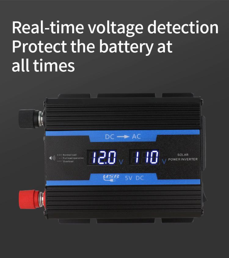 Black inverter with LED voltmeter display and DC input terminals