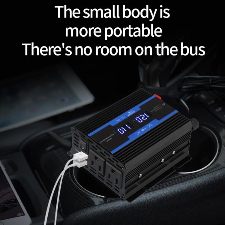 Compact black inverter with LED display and connected power cables