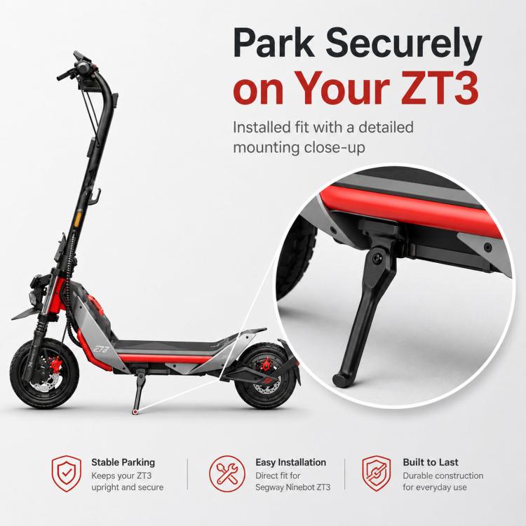 ZT3 scooter with deployed kickstand and metal side support bracket