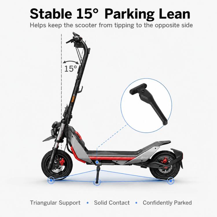 Kickstand for ZT3 scooter, shown in parking position with support leg