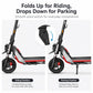 Kickstand folds down for parking, black metal stand and mounting base on scooter