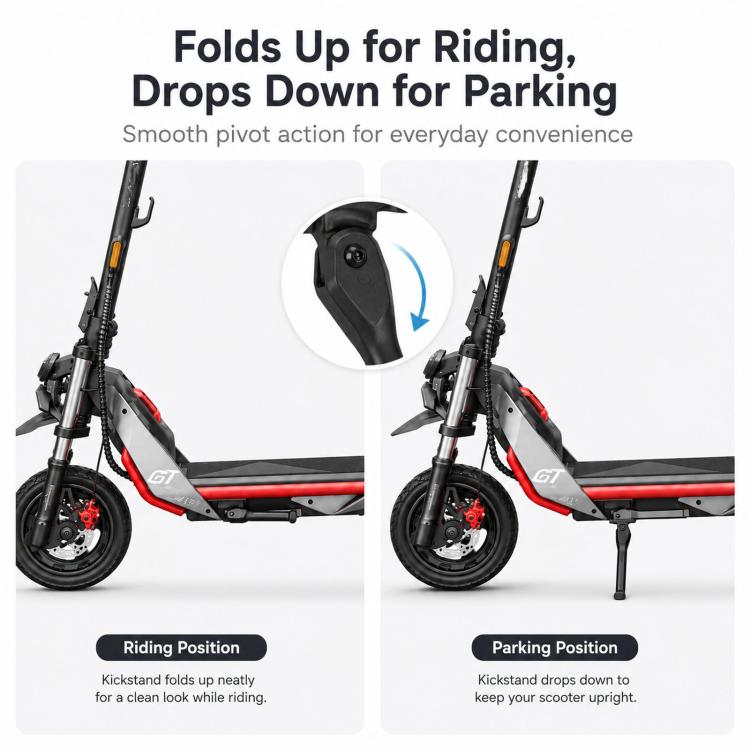Kickstand folds down for parking, black metal stand and mounting base on scooter