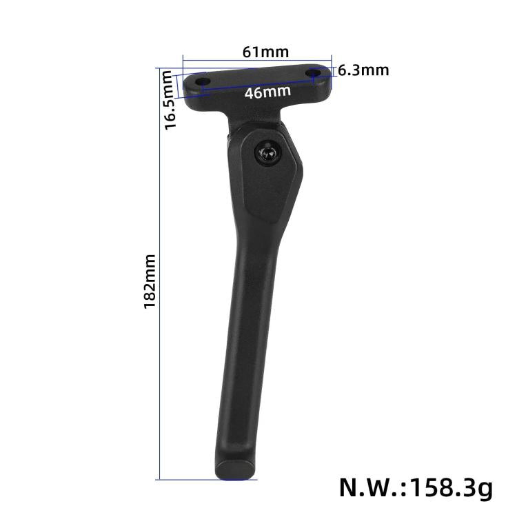 Black kickstand bracket dimensions view, metal foot support with mounting hole