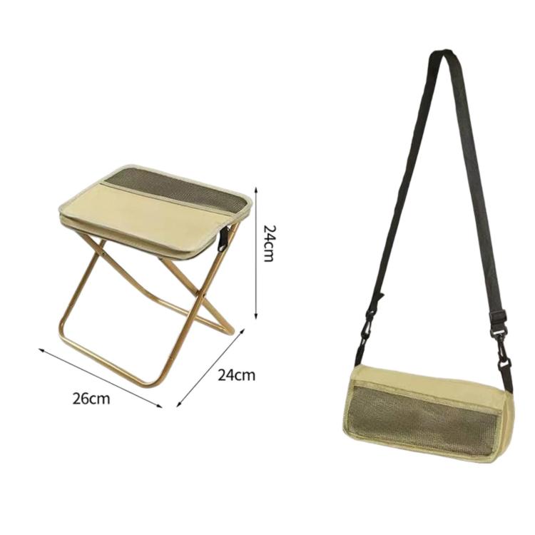Khaki foldable crossbody bag-stool with black carrying strap and padded seat top.