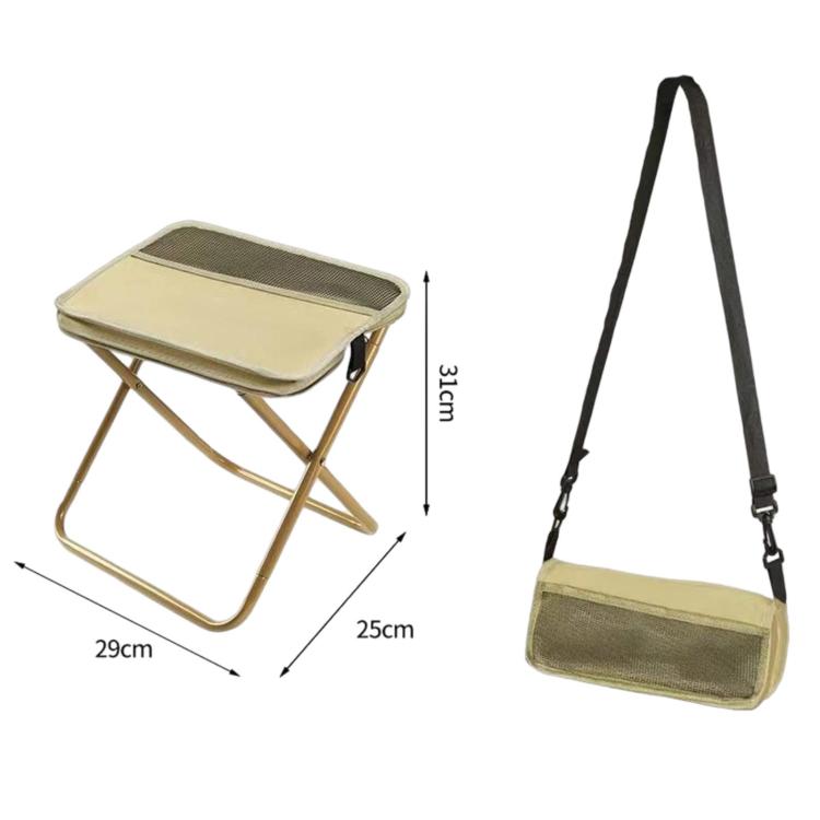 Khaki large foldable crossbody bag-stool with black strap and padded seat cushion.
