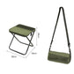 Green foldable crossbody bag-stool with padded seat and black support frame.