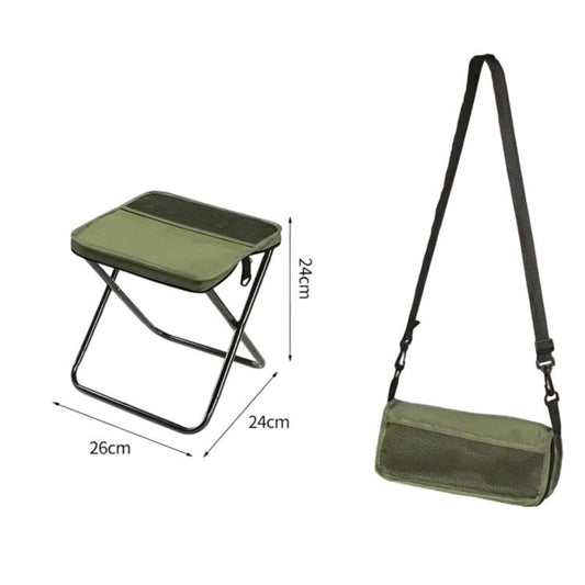 Green foldable crossbody bag-stool with padded seat and black support frame.