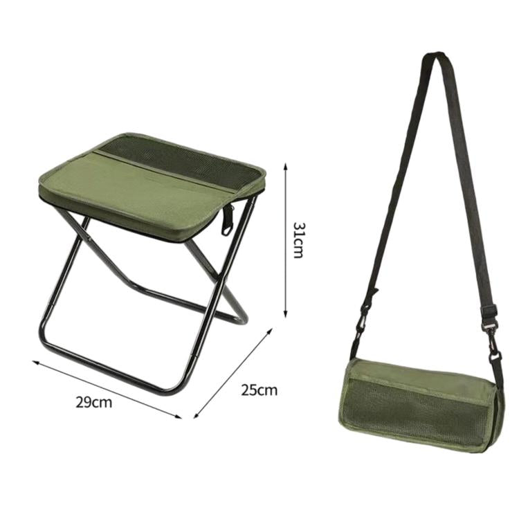 Green large foldable crossbody bag-stool with padded seat and metal support legs.