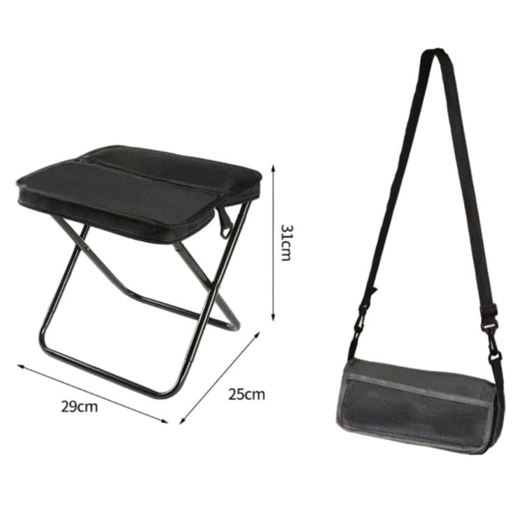 Black large foldable crossbody bag-stool with padded seat and folding metal legs.