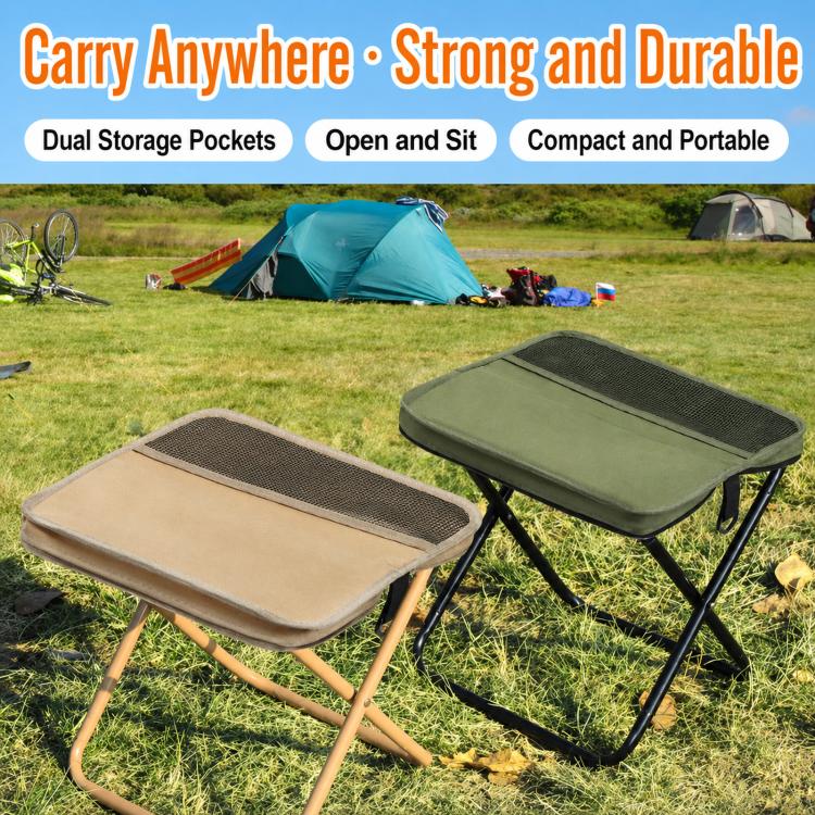 Foldable crossbody bag-stool set: green and khaki seats with black frames outdoors.