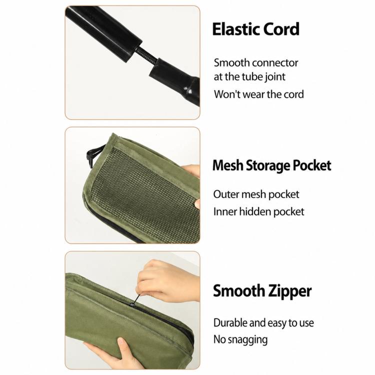 Green bag with mesh storage pocket, smooth zipper, and elastic cord detail