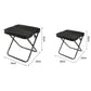 Black foldable stool chair with cushioned seat and side and front measurements