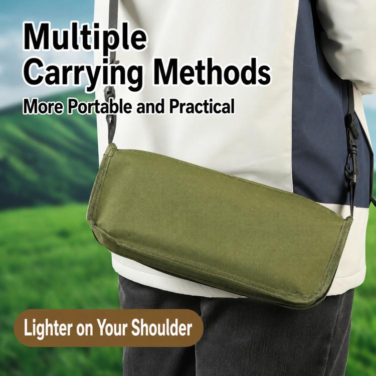 Green padded crossbody bag-style stool carried over a shoulder on clothing.