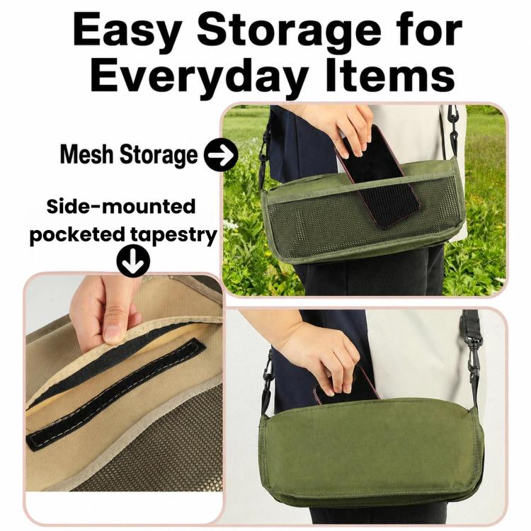 Green foldable crossbody bag with mesh storage pocket and top handle