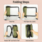 Green foldable stool chair with black frame shown in folding steps