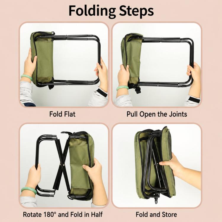 Green foldable stool chair with black frame shown in folding steps