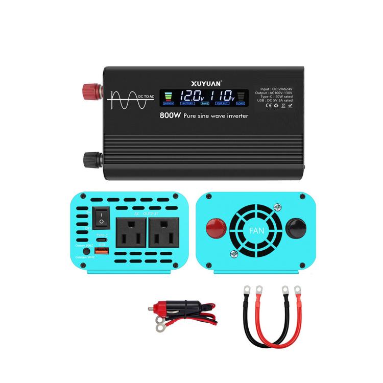 XUYUAN pure sine wave inverter, black with blue fan panel, 800W, DC/AC outlets