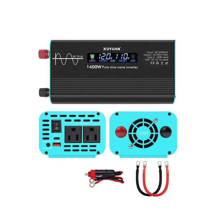 XUYUAN pure sine wave inverter, black with blue fan panel, 1400W, dual AC sockets