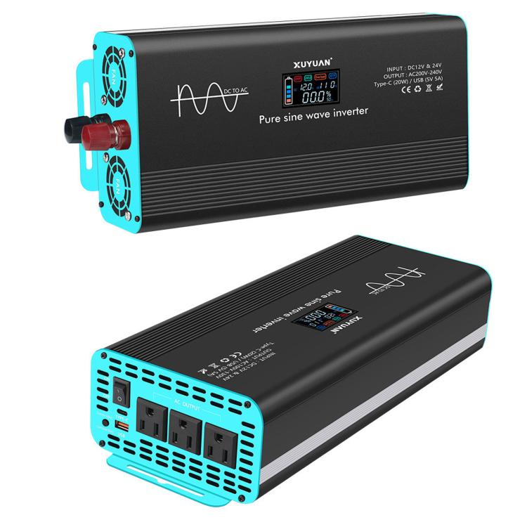 XUYUAN pure sine wave inverter, black aluminum case, side cooling vents and AC sockets