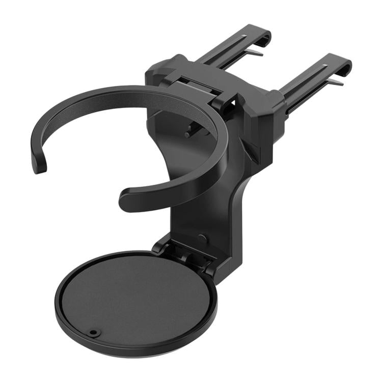 Car air vent cup holder clamp with circular base and two prongs, black