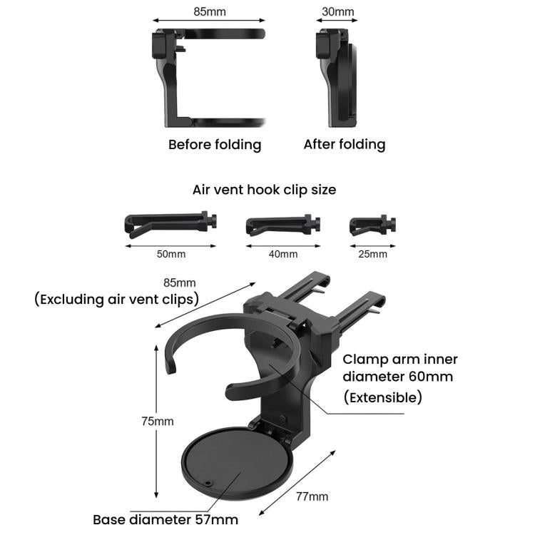 Foldable car air vent cup holder bracket with dimensions diagram, dark gray