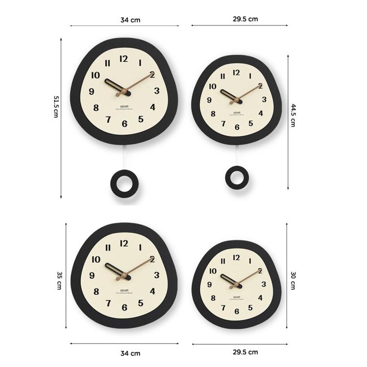 Oval wall clock with 1–12 numbers, pendulum hands, black frame; size diagram