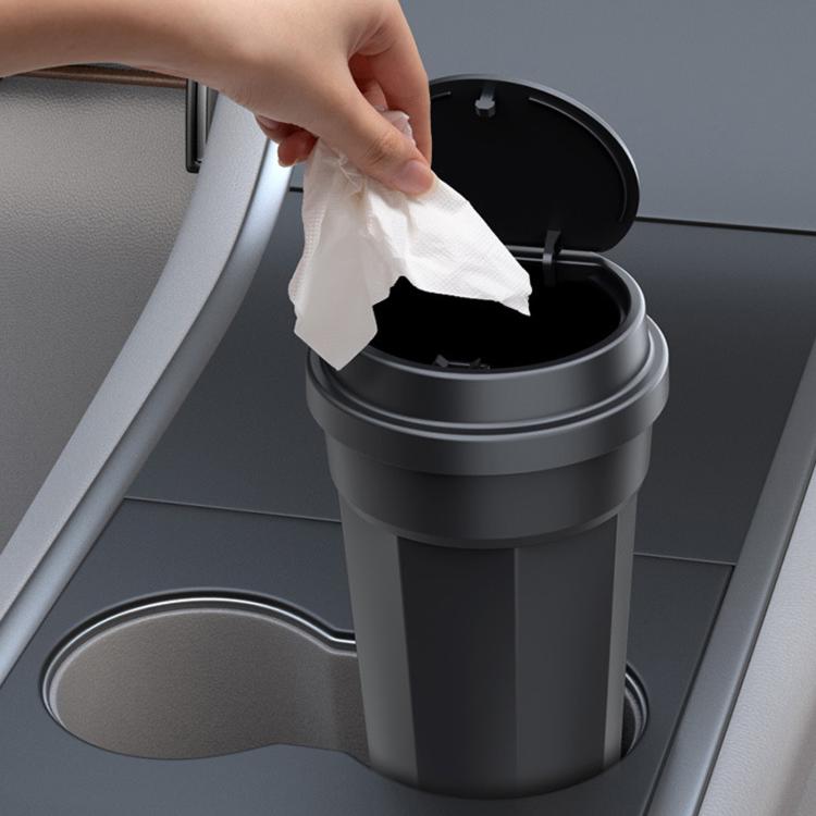 Car trash can with lid, black cylindrical bin with open top for wiping tissue waste