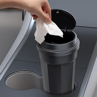 Car trash can with lid, black cylindrical bin with open top for wiping tissue waste