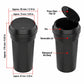 Car trash can with flip lid and removable top, showing interior and pin hinge points