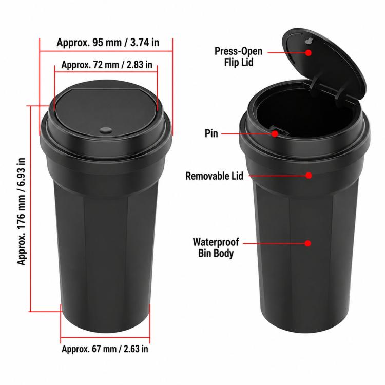 Car trash can with flip lid and removable top, showing interior and pin hinge points