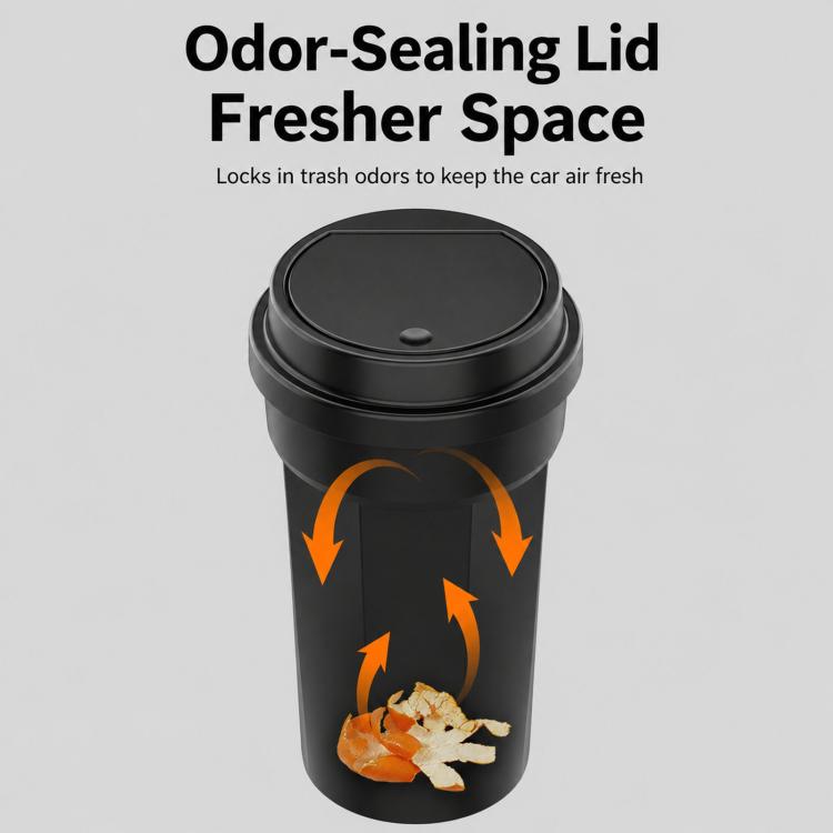 Car trash can with odor-sealing lid, black container with top closed over the bin